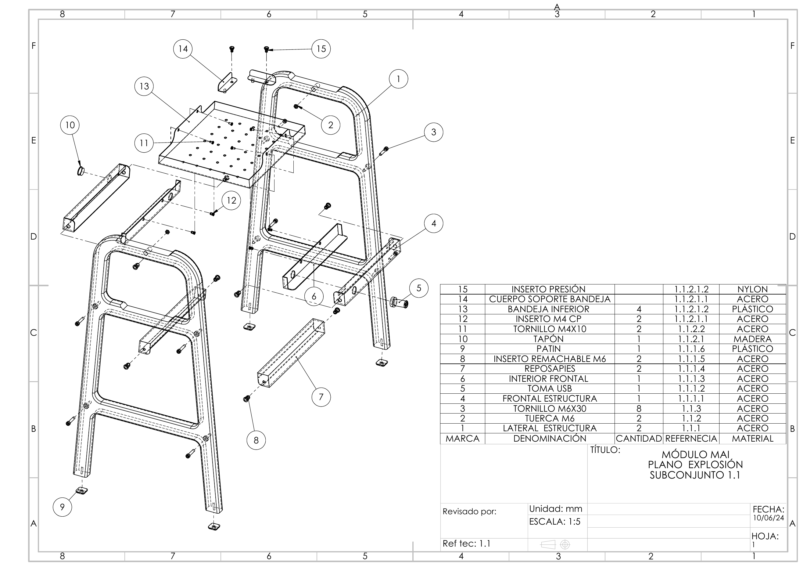 Plano técnico de explosión del subconjunto 1.1 Módulo MAI desarrollado en SolidWorks